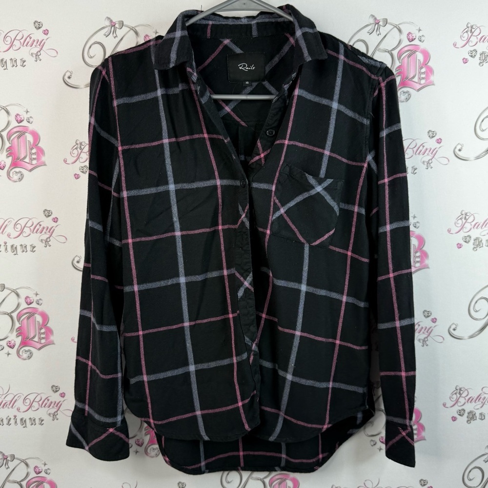 Rails long sleeve plaid collared Black and Pink Checkered Button-Down Shirt